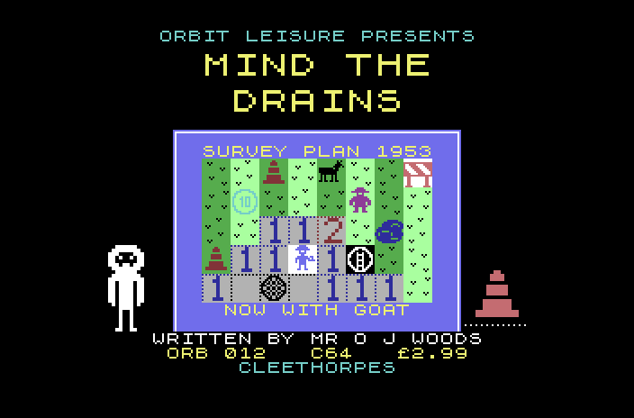 Loading screen: a 1953 survey plan of a field with numbered squares, cones, a goat, a foreman and an open drain, the Orbit Leisure alien and a traffic cone