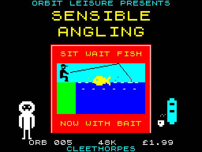 Loading screen: an angler on a riverbank with a leaping fish, the Orbit Leisure alien, and a flask of tea