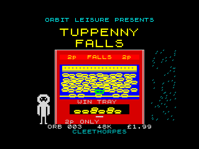 Loading screen: a tuppenny falls cabinet full of coins, a hooded child watching, rain outside